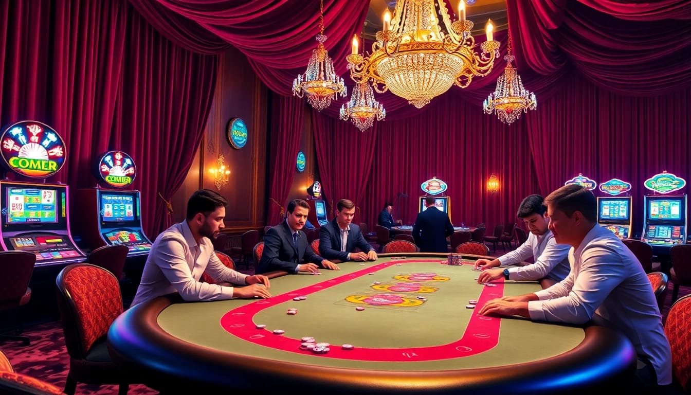 Engaged players at a vibrant poker table in a luxurious casino setting representing 33win excitement.
