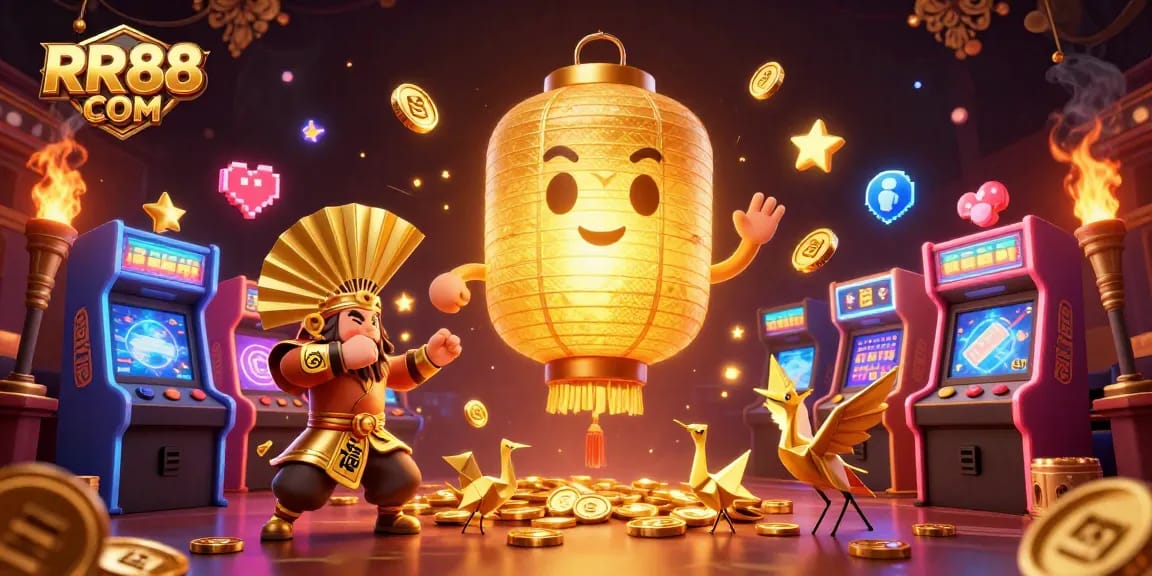 Engage with RR88 COM's vibrant gaming atmosphere filled with golden lantern spirits and dynamic arcade machines.