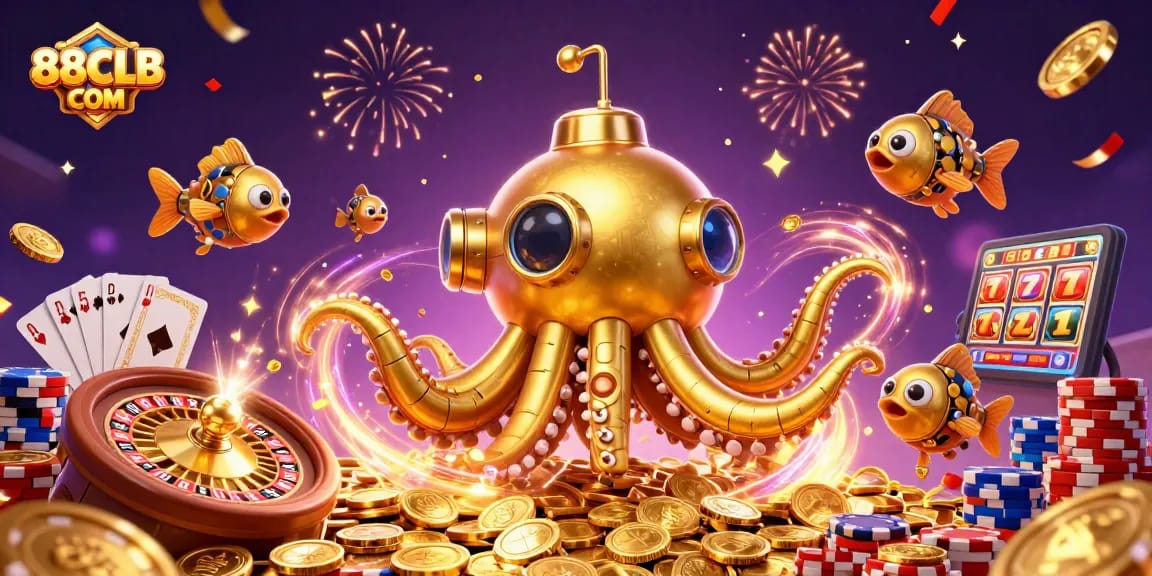 Experience thrilling gameplay with 88CLB COM, featuring an imaginative 3D kraken submarine amid flying coins and roulette action.