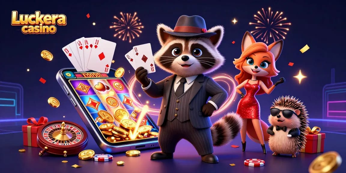 Luckera casino lively scene with cartoon characters enjoying slots and casino games.