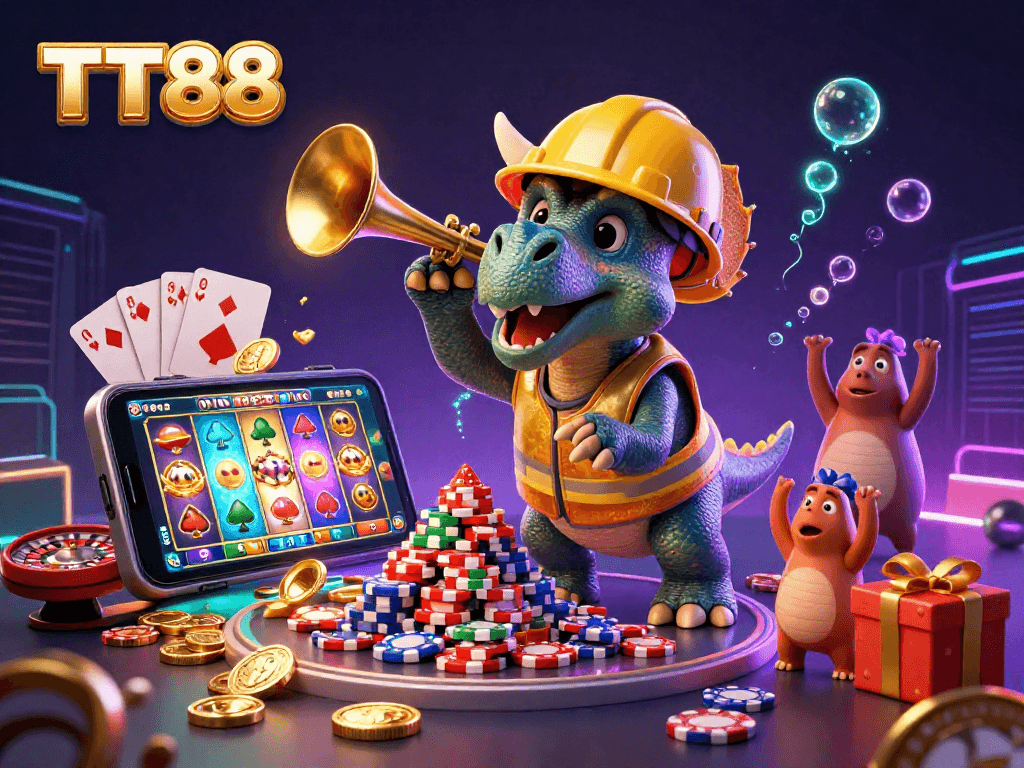 TT88 showcases a triceratops building a poker chip pyramid amidst a dynamic casino scene.