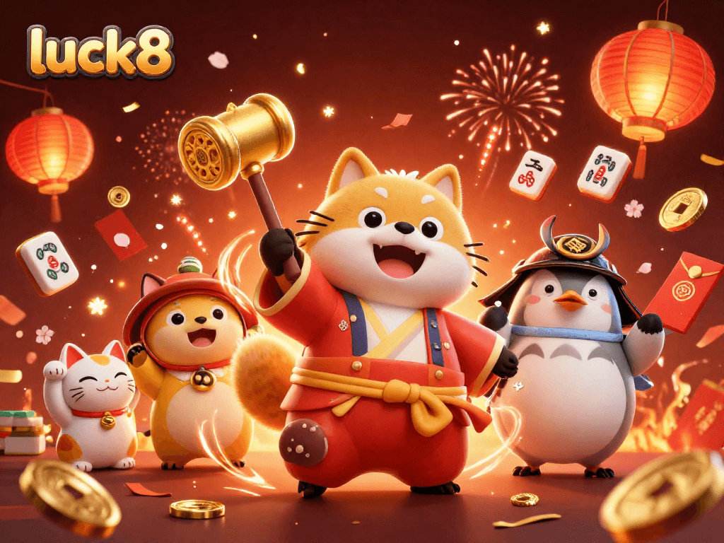 Experience luck8's vibrant online casino world with animated characters celebrating fortune and gaming.