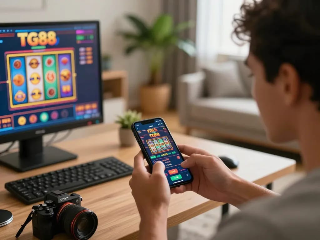 Player betting on TG88 app in a cozy home setting, smartphone illuminated with game interface.