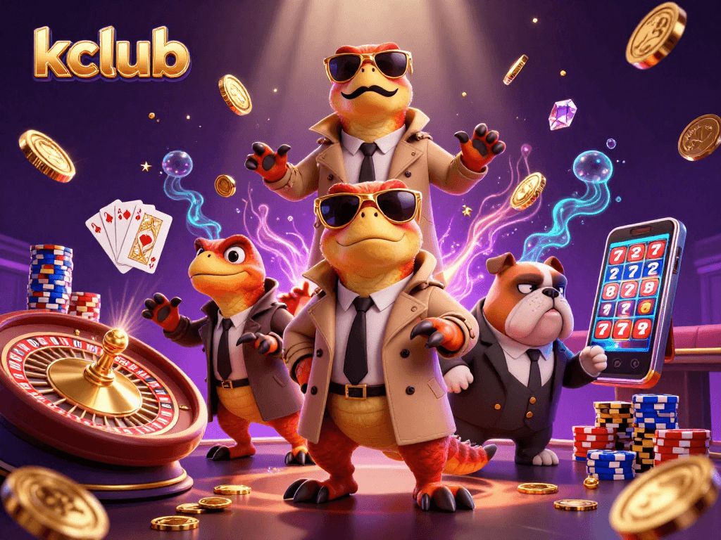 kclub presents three raptors amusingly disguised, entering a VIP casino, surrounded by flying gems and golden coins