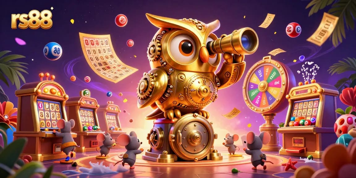 Engage with rs88 as the golden owl oversees a vibrant casino scene filled with lucky charms and games.