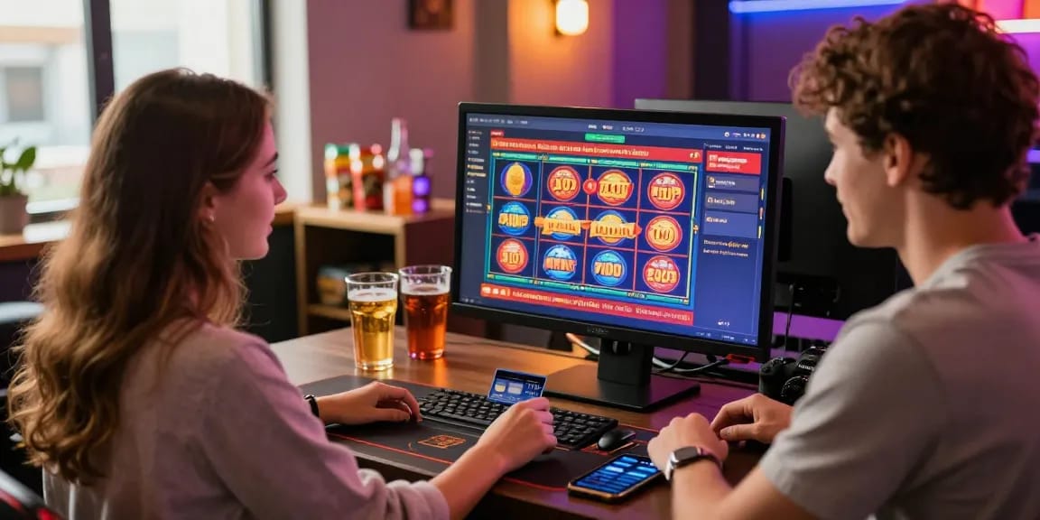 Engaged couple playing at credit card casinos at https://troyuk.co.uk displaying vibrant slot games and seamless payment options.
