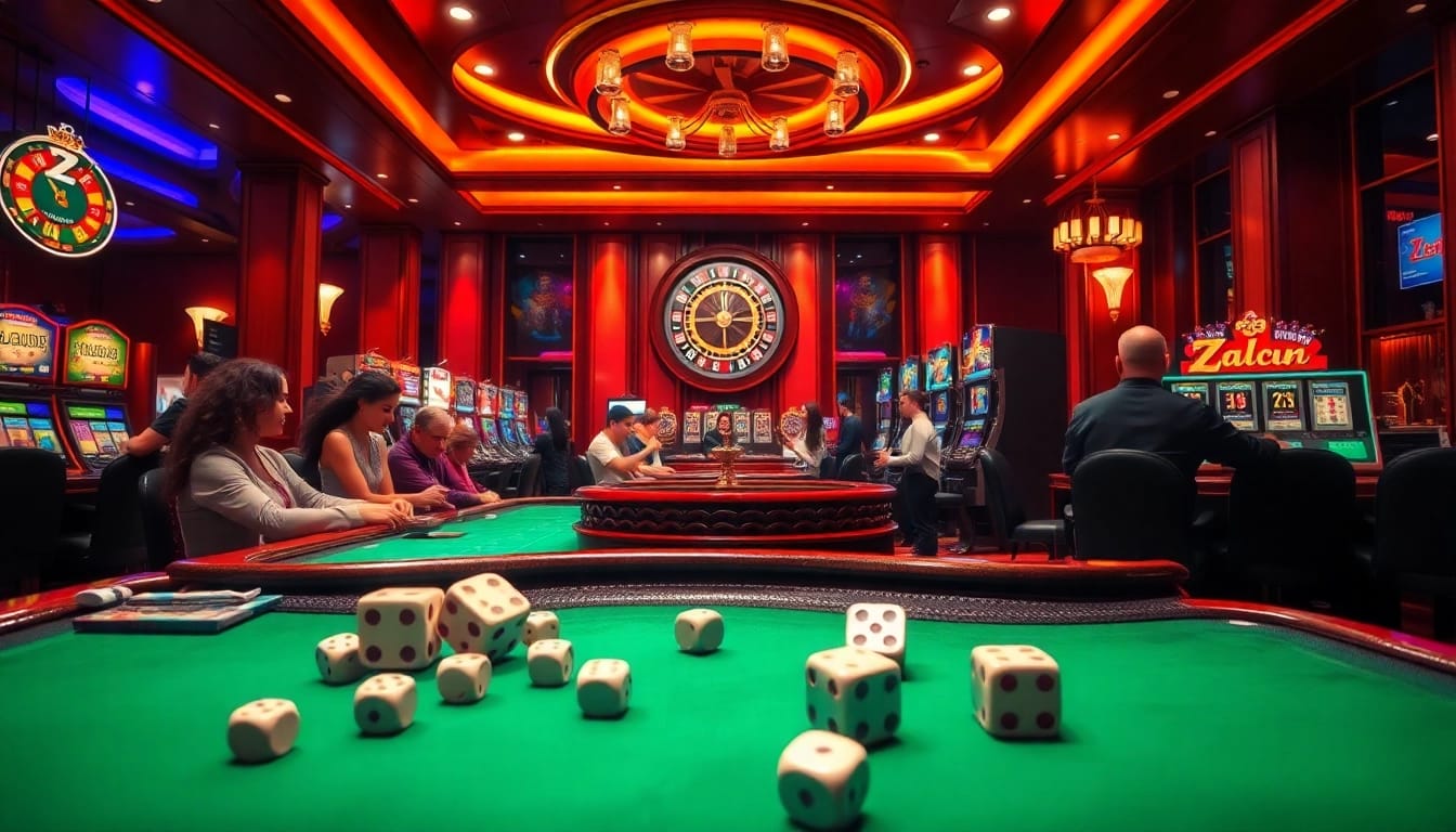 Experience the thrill of Nhà cái Zbet with players at casino tables, vibrant slot machines, and rolling dice.