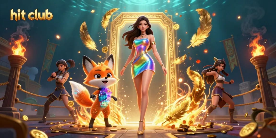 Hit club gaming scene featuring a glowing woman and pixel fox in a vibrant casino atmosphere.