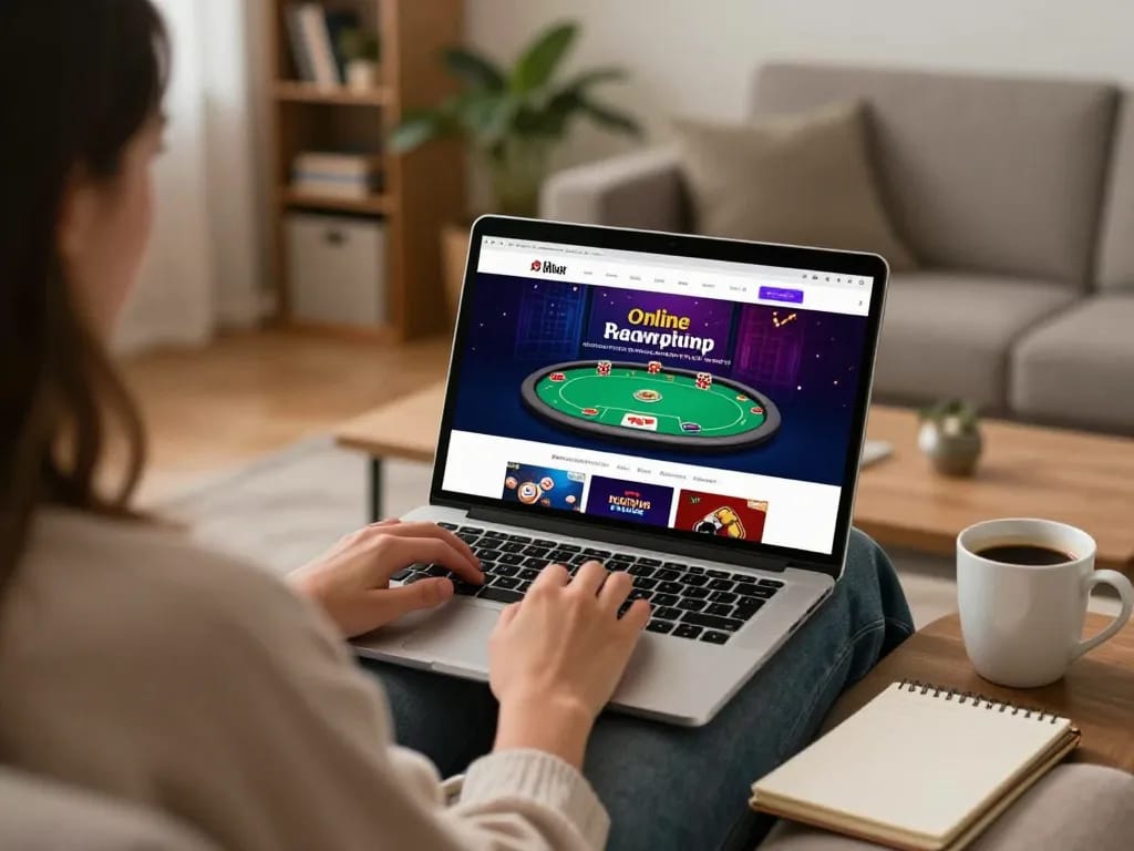 Experience online gambling at https://f168.osaka/ with a vibrant poker game on laptop, cozy atmosphere
