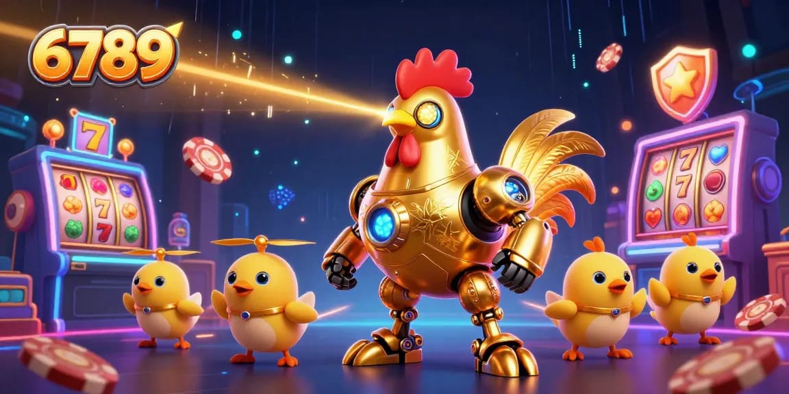 Engage in thrilling gameplay at 6789 with golden rooster robot, slot machines, and colorful casino elements.