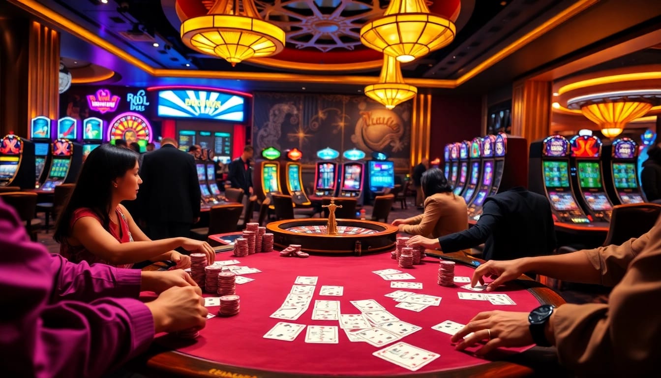 Exciting poker game at 23win casino with vibrant chips and cards displayed.
