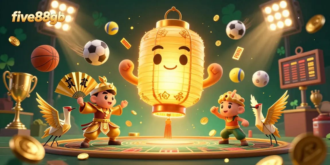 Experience thrilling gaming with five88gb at a dynamic casino event showcasing lucky symbols and vibrant sports elements.
