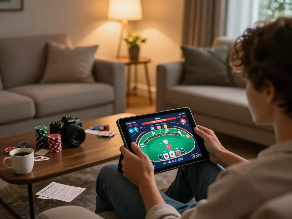 Engaging online casino gaming at home with god55 on tablet, cozy setup and strategy notes visible.