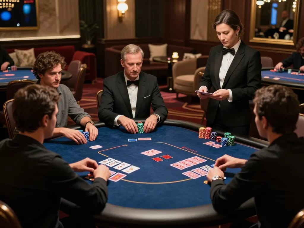 Players enjoying high-stakes poker at MM88 COM VIP room, showcasing a luxurious casino atmosphere.