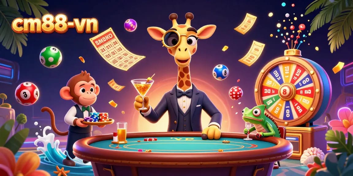 Experience a thrilling moment at cm88-vn with high-roller giraffe and vibrant casino elements.