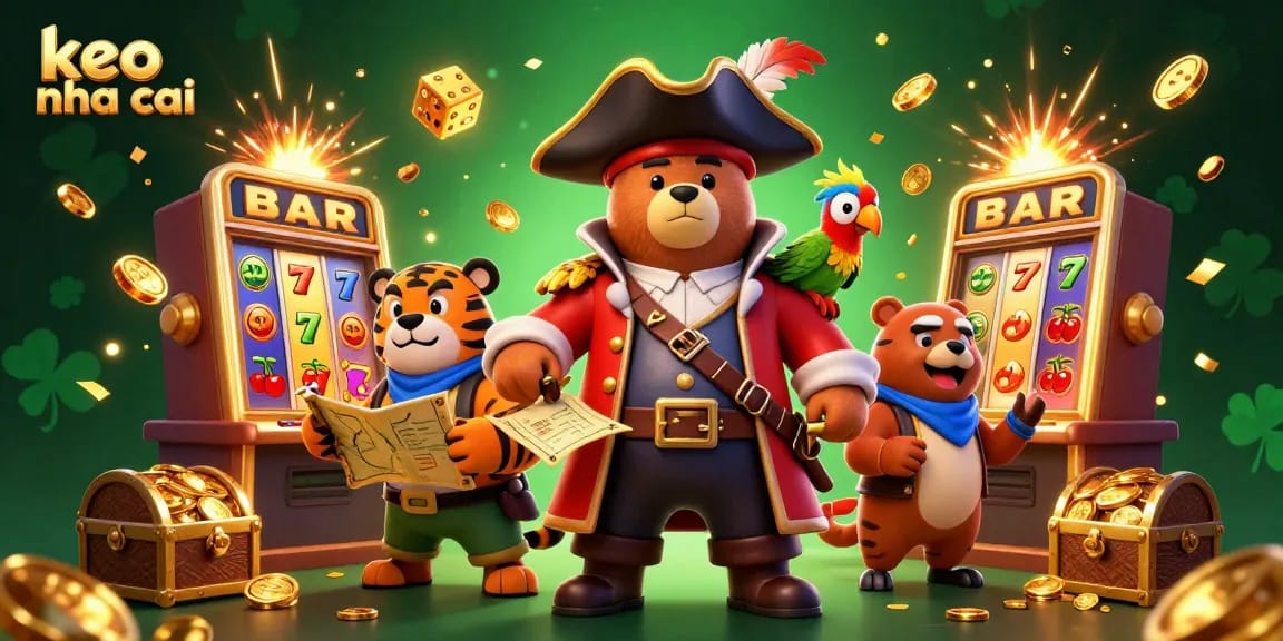 The lively scene showcases the keo nha cai with a pirate bear, tiger and treasures celebrating jackpot wins amidst a colorful casino backdrop.