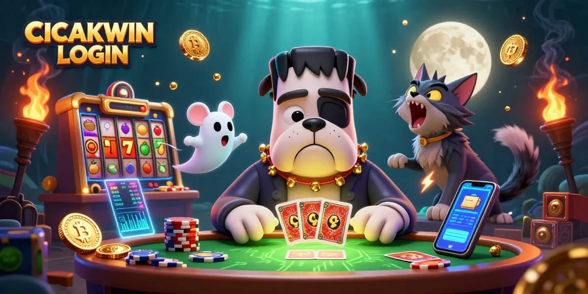 Join the fun with CICAKWIN LOGIN as characters deal cards under gold moonlight in a vibrant casino.