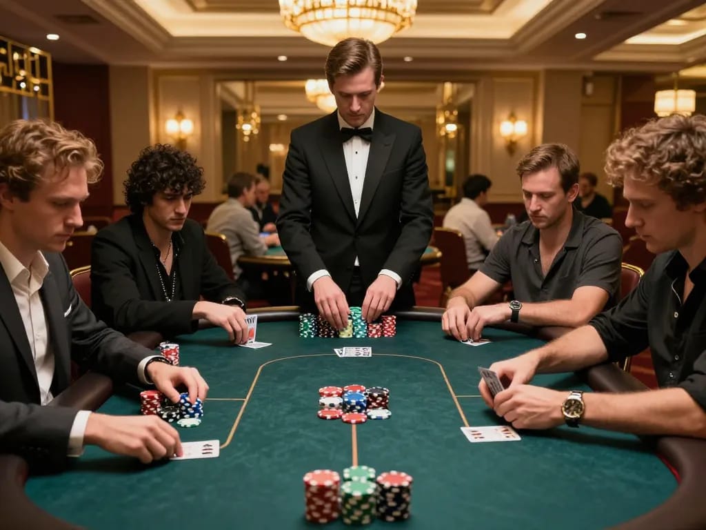 Players strategically betting at a high-stakes poker table in LV88p casino setting, capturing dynamic gaming atmosphere.