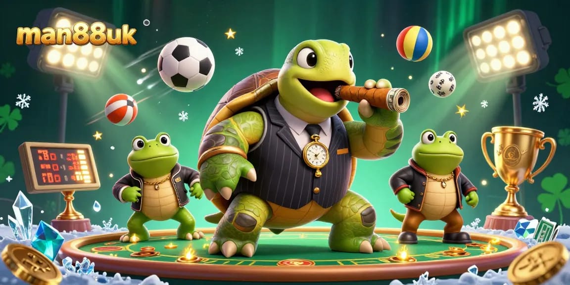 Experience the excitement of gaming at man88uk with a vibrant casino scene featuring a powerful turtle and dynamic sports elements.