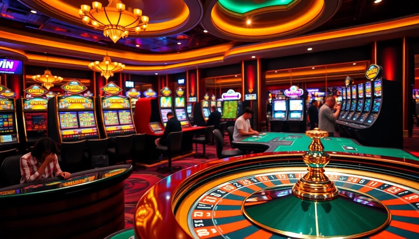 Experience the excitement of OKWIN at a vibrant casino with roulette and poker tables.