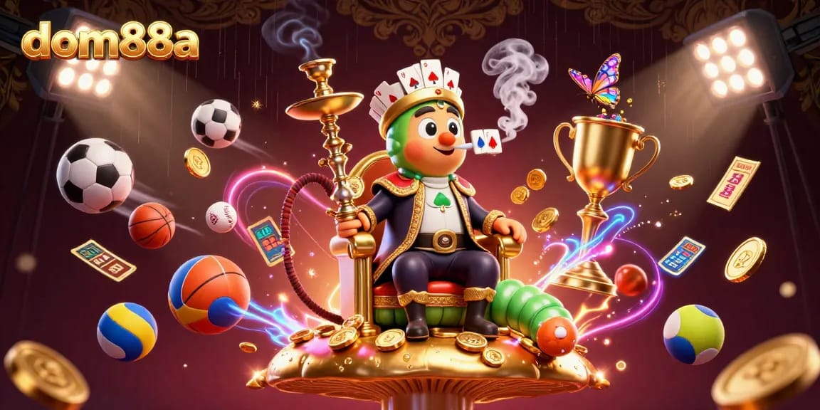 Experience thrilling wins at dom88a with the vibrant 3D casino scene full of action and game elements.