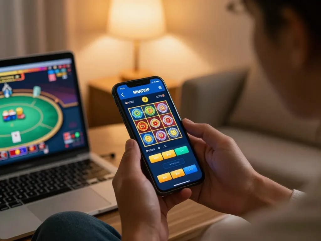 Nhatvip player enjoying mobile casino fun with engaging slot gameplay in a cozy setting