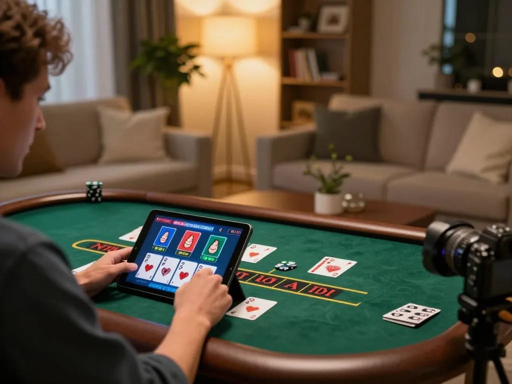 Enjoying live dealer blackjack gameplay on https://ph22.net.ph/ in a cozy modern home setting.