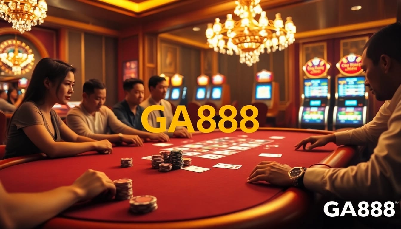Players enjoying a thrilling poker game at GA888 casino, with vibrant chips and cards on display.
