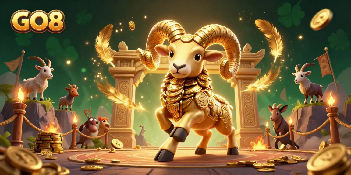 GO8 casino scene featuring a golden ram and mountain goats amidst vibrant gaming elements.