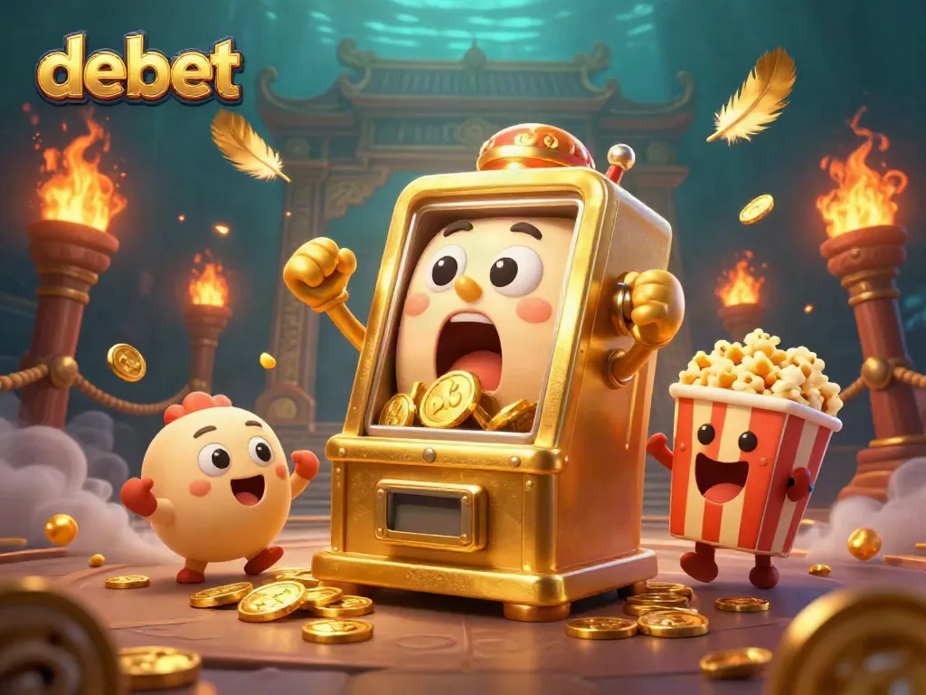 Experience the excitement of debet as the golden slot machine hits the jackpot, showering coins in a vibrant casino setting.
