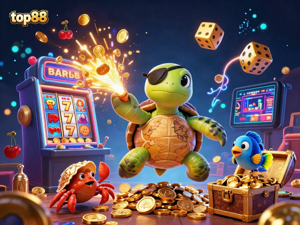 Experience the excitement of top88 with a pirate-themed digital illustration featuring vibrant casino elements and characters.