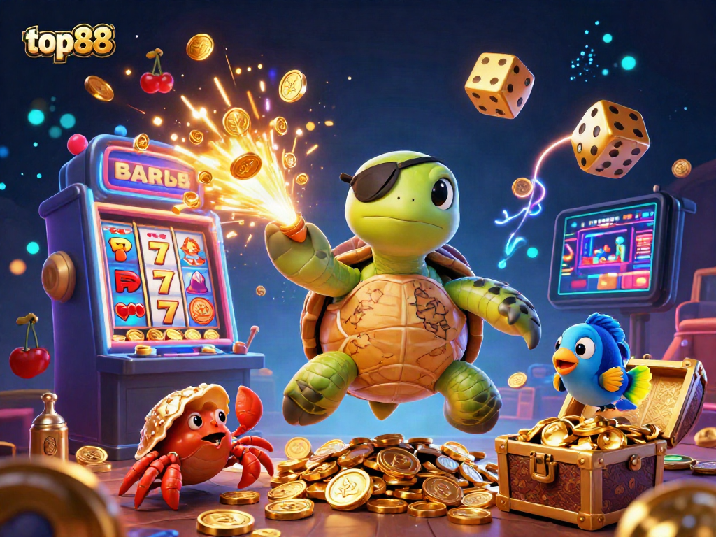 Experience the excitement of top88 with a pirate-themed digital illustration featuring vibrant casino elements and characters.