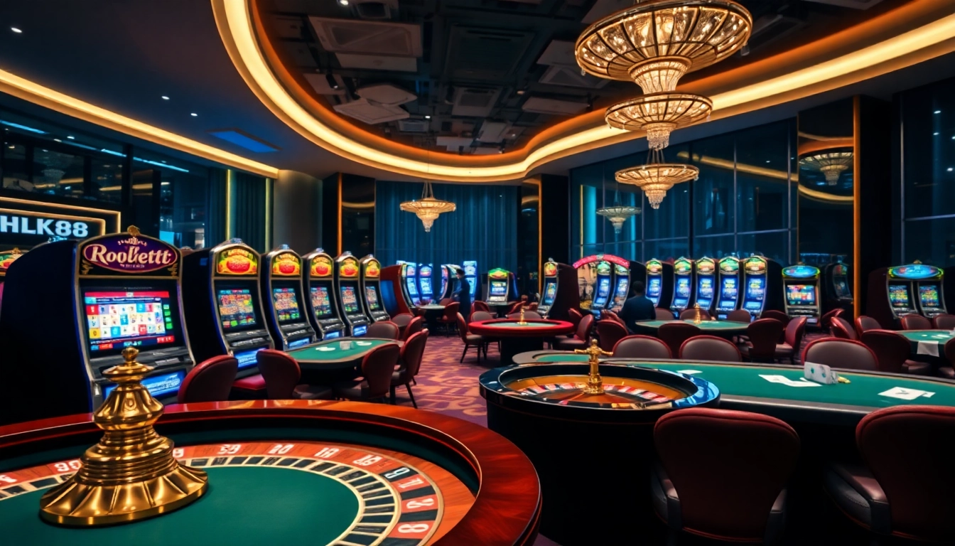 Experience the thrill of nk88 at a vibrant casino, featuring poker tables, slot machines, and roulette wheels.