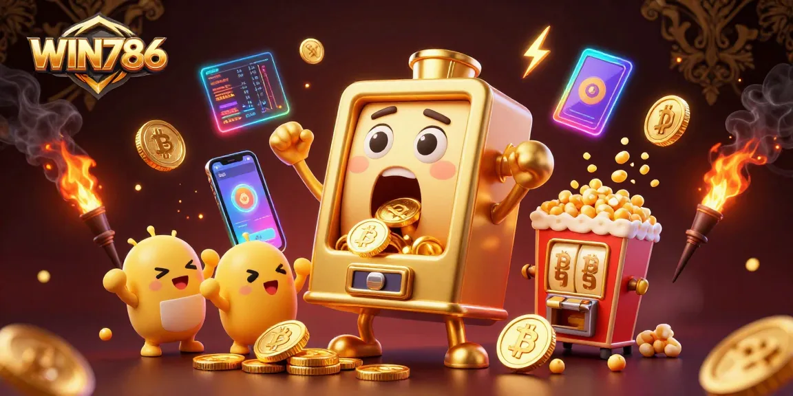 WIN786 slot machine hitting jackpot surrounded by coins and crypto elements in a vibrant scene