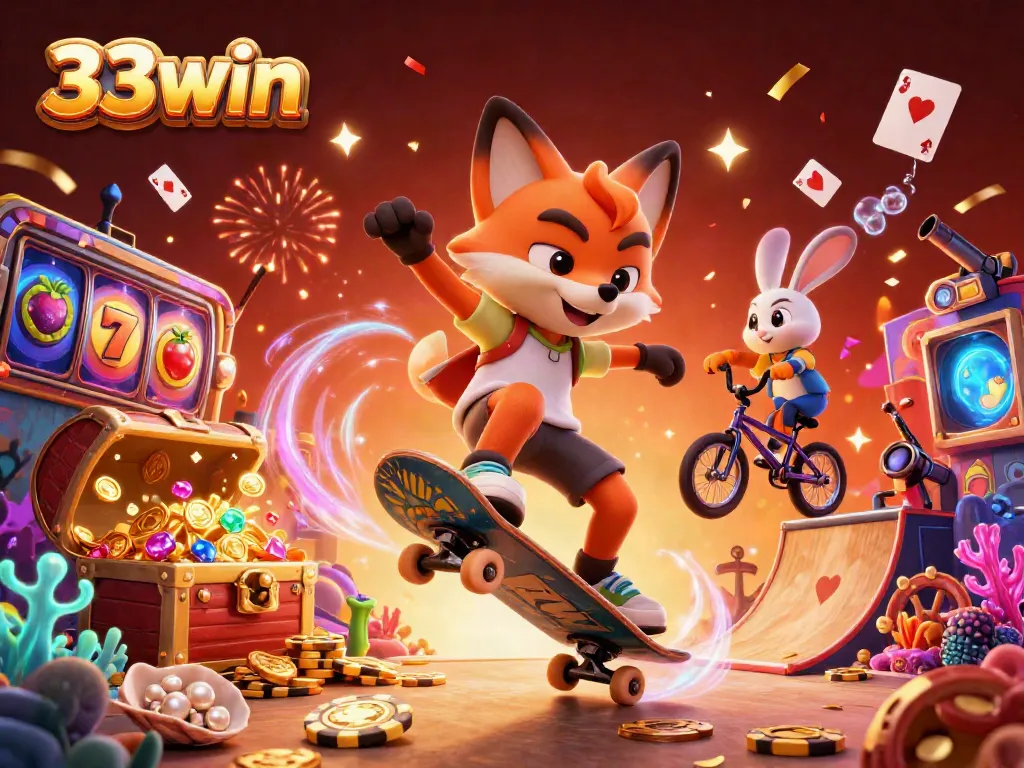 Experience the thrill of 33win with a dynamic scene featuring a fox and rabbit in a vibrant casino setting.