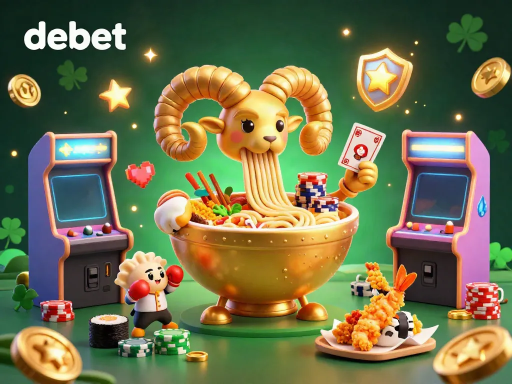 Engage with debet's vibrant gaming atmosphere featuring a golden ramen bowl dealer and colorful arcade elements.