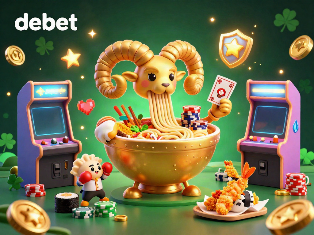 Engage with debet's vibrant gaming atmosphere featuring a golden ramen bowl dealer and colorful arcade elements.