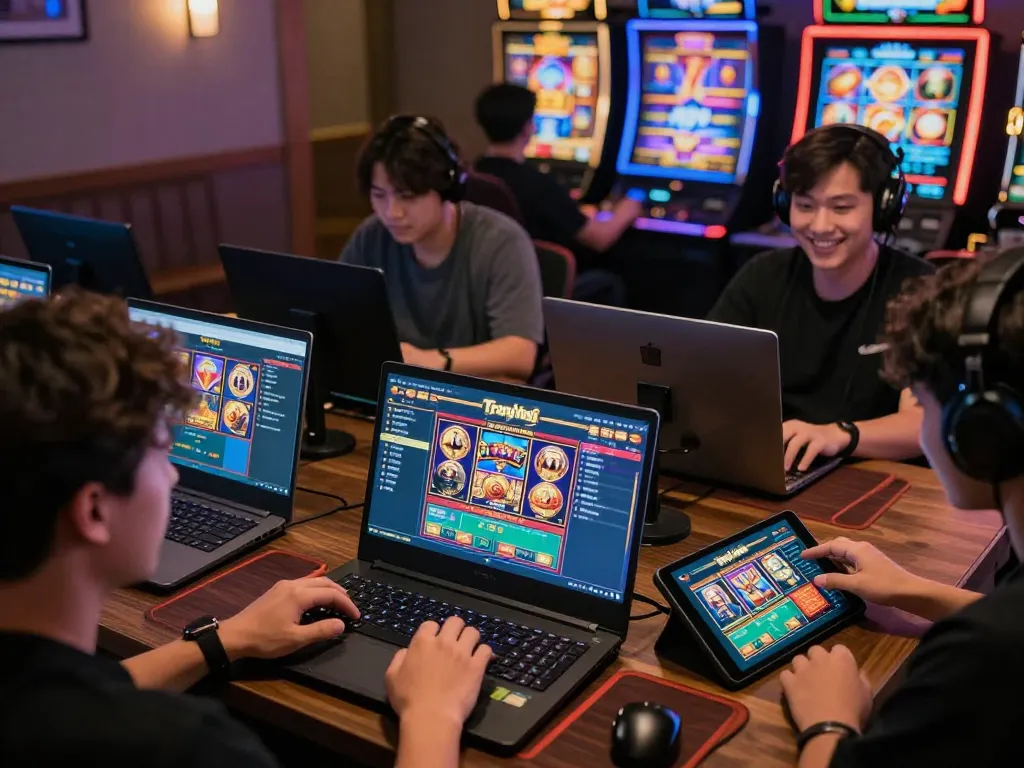 Experience the excitement of Trang chủ Fly88 with players engaging in live dealer games and vibrant slot machines.