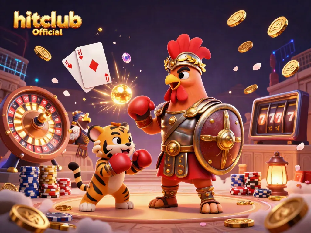 Experience the excitement of hitclub Official with a vibrant 3D casino illustration featuring a gladiator rooster and gaming elements.