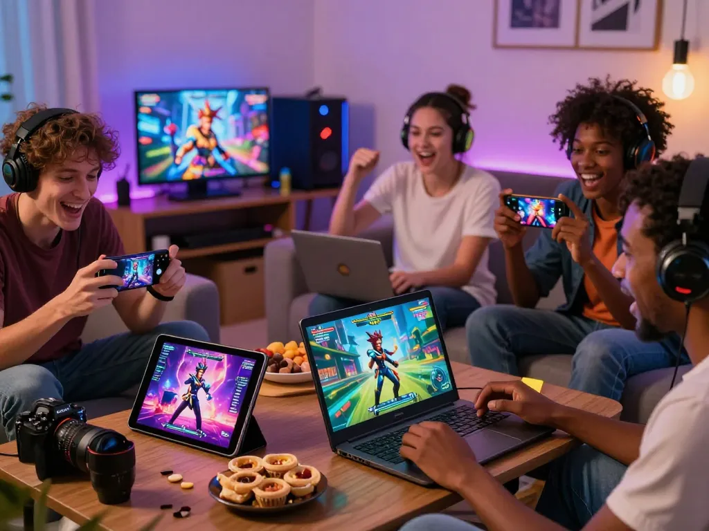 Players enjoying a hentai game on tablets and laptops in a lively gaming room.