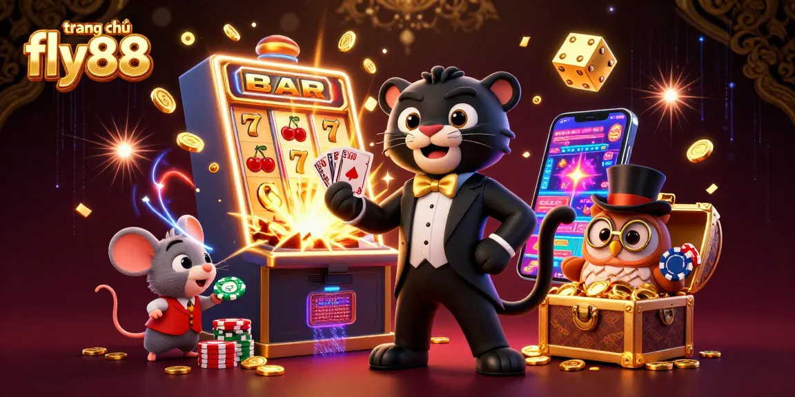 Experience the excitement at trang chủ fly88 with a stylish panther dealing cards amid vibrant casino elements.