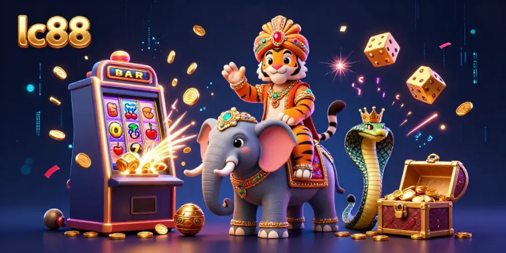 Experience the high-octane excitement of lc88 in vibrant 3D visuals featuring a cartoon maharaja and casino elements.