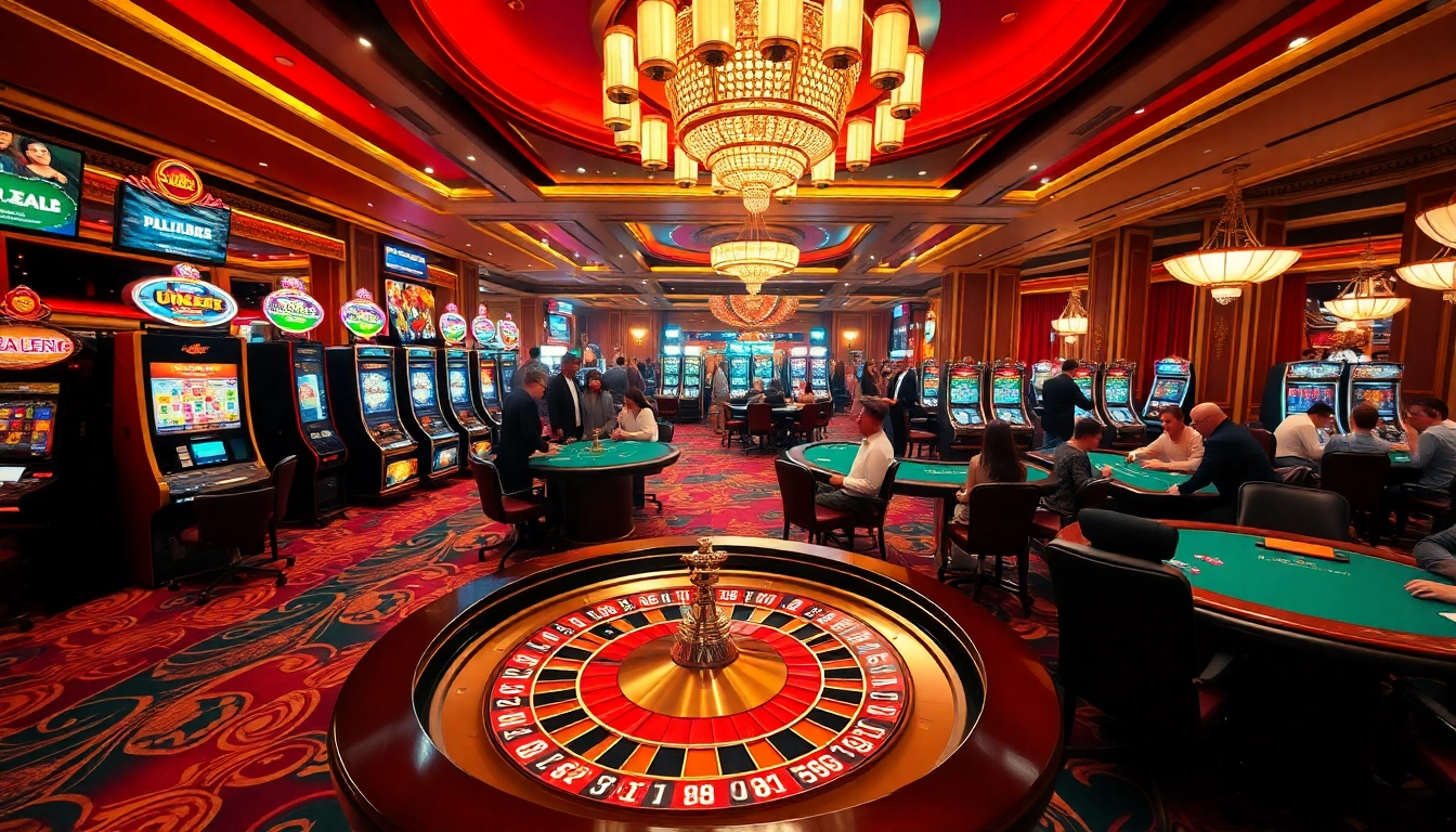 Experience the thrill of gambling with Hi88’s luxurious casino ambiance featuring excited players and vibrant games.