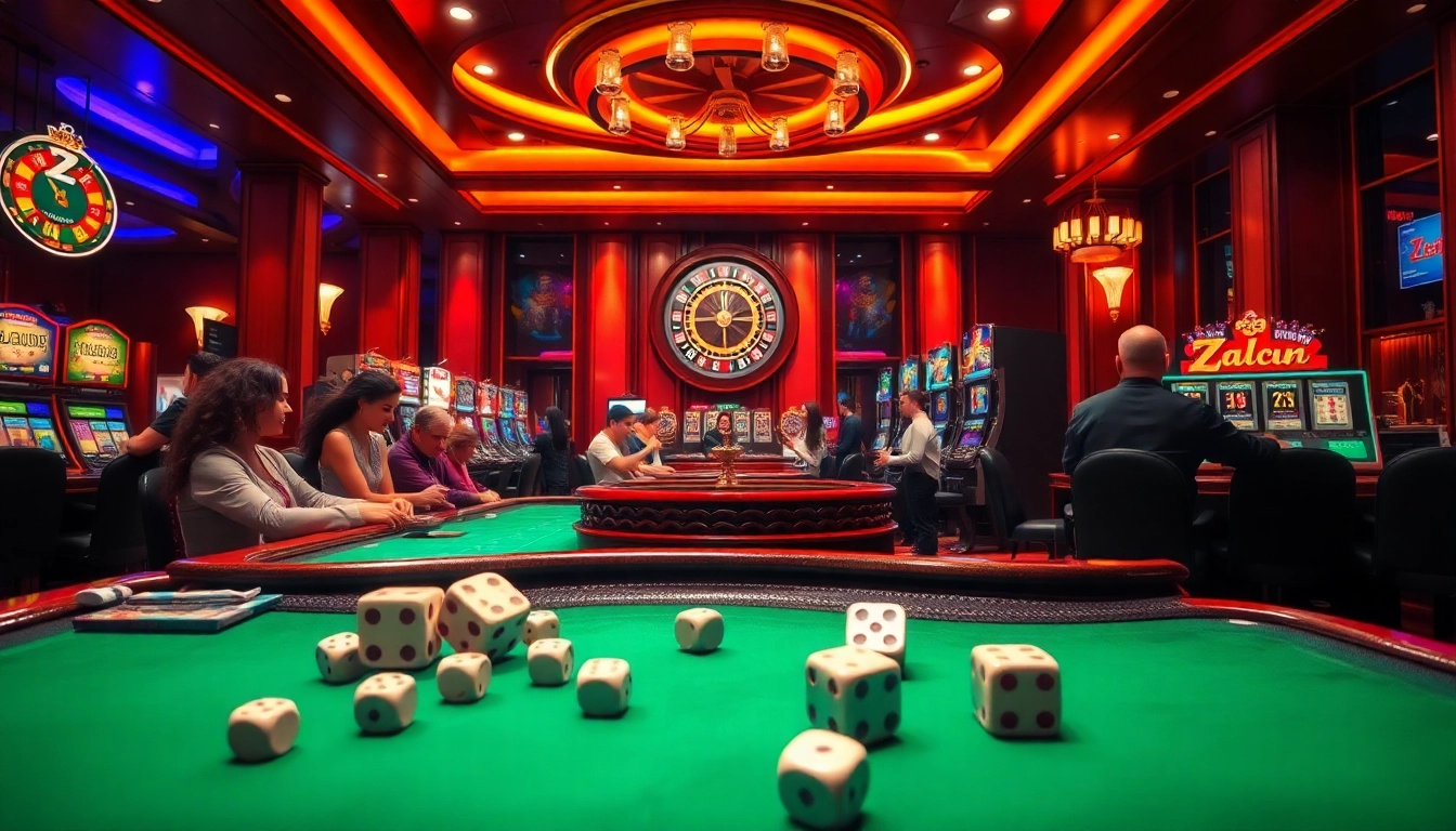 Experience the thrill of Nhà cái Zbet with players at casino tables, vibrant slot machines, and rolling dice.