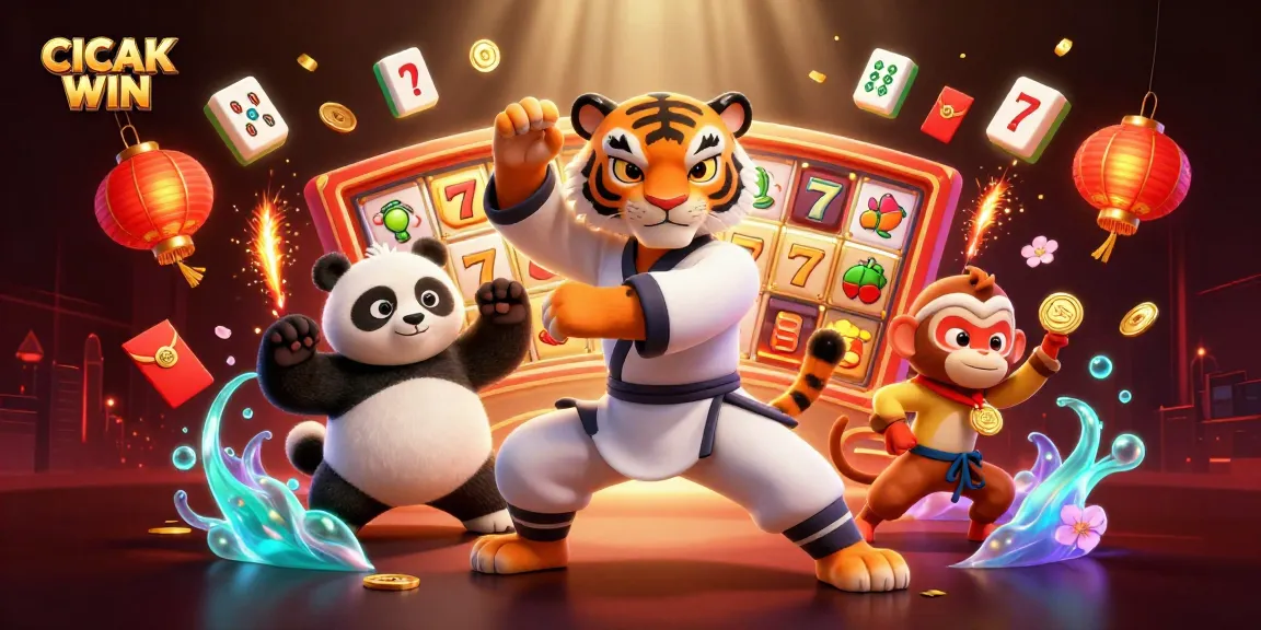 CICAK WIN engages players with vibrant slot reels and a dynamic scene featuring cartoon characters.