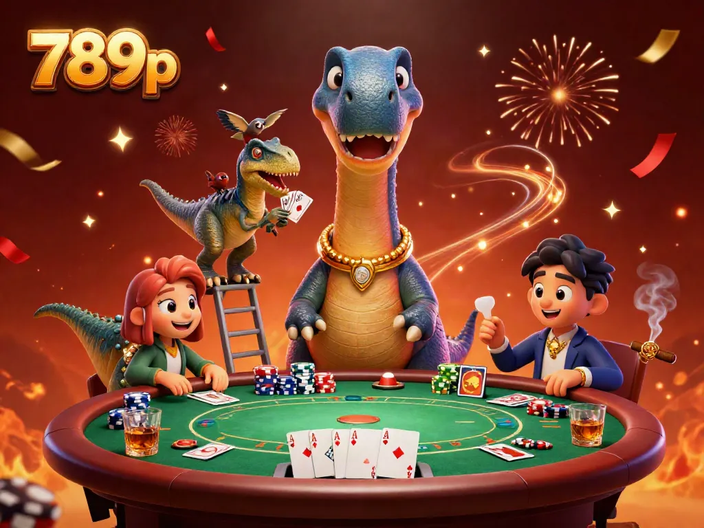 Engage in thrilling casino action at 789p with a towering brontosaurus overseeing a lively poker game.