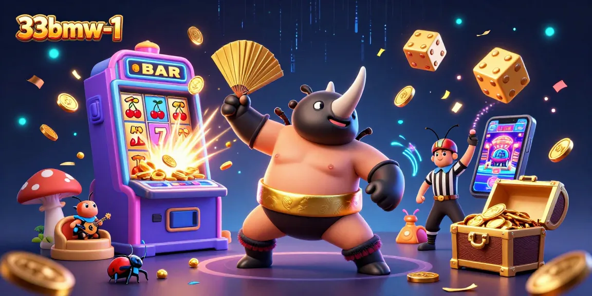 Immerse in the action at 33bmw-1 with a lively 3D illustration featuring gaming excitement and vibrant characters.