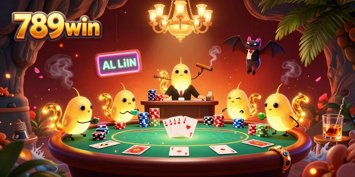 Experience the vibrant ambiance of 789win with a team of bioluminescent glowworms lighting a lively poker game.