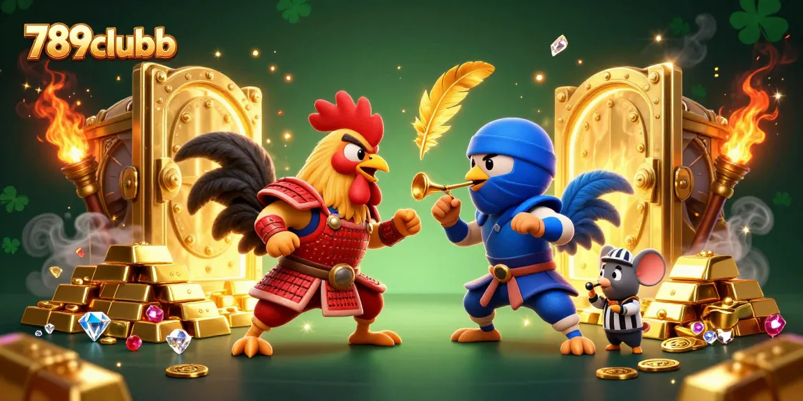 Engage with the exciting standoff of roosters in armor at 789clubb, showcasing vibrant 3D casino elements.