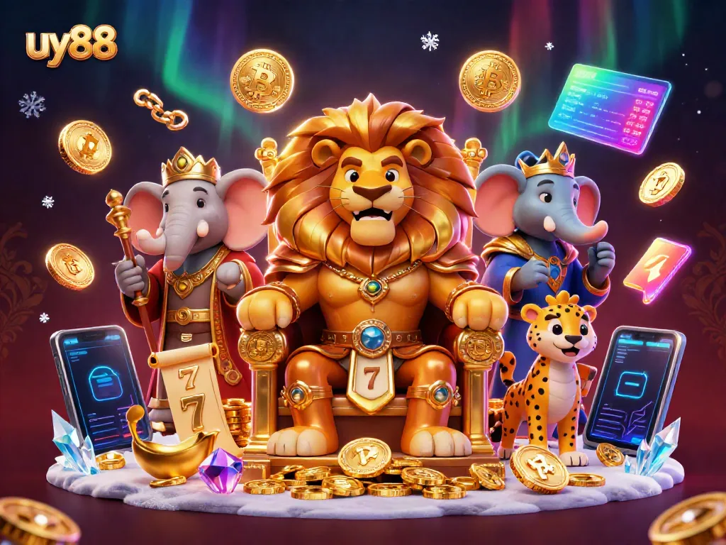 Experience high-stakes gaming with uy88 as a fierce lion king oversees a vibrant casino.